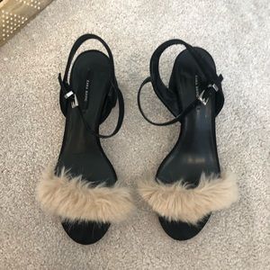 Zara fur and black block heel sandals 8